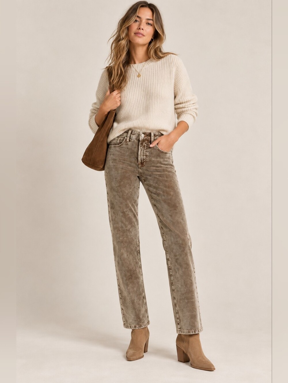 RISEN Tummy Control Straight Fit Corduroy Pants Preppy Classic Mocha Earthy NEW